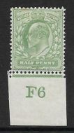 Sg 218 ½d Yellowish-Green Control F6 imperf De La Rue MOUNTED MINT Toned