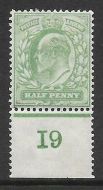 Sg 218 ½d Yellowish-Green Worn plate Control I9 perf De La Rue MOUNTED MINT MM