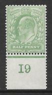 Sg 218 ½d Yellowish-Green Worn plate Control I9 perf De La Rue V.L MOUNTED MINT