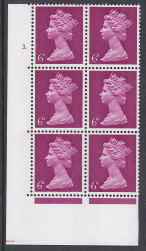 Pre-decimal Machin BRIGHT MAGENTA 6d PVA 2B Head A perf A Cylinder 3 Dot MNH