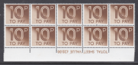 D95 10p 1970 Decimal Postage Due Block of 10 3 pin in margin perf UNMOUNTED MINT